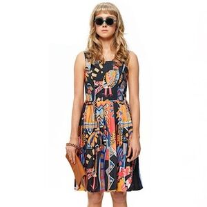 Gorman Vintage VTG‎ Novelty Silk Fiesta Bird Fish Boho Geometric Tank Midi Dress